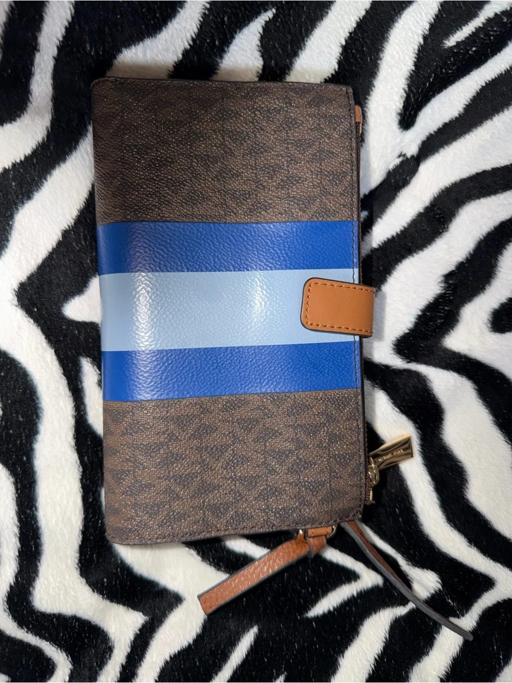 Michael Kors Brown Wristlet with Blue and Light Blue Stripes